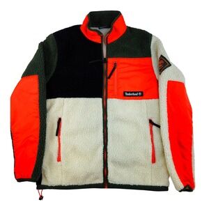 Timberland Color Block Fleece Jacket Orange Black Cream Green Zip Up Women XS